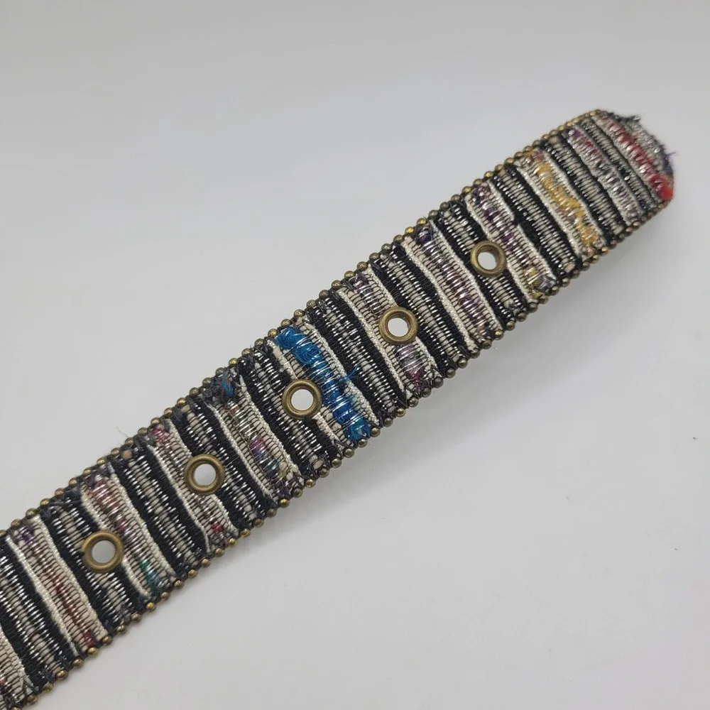 VTG Woven Fabric Belt Small Gold Buckle Boho Artisanal Textured Multicolor 90s